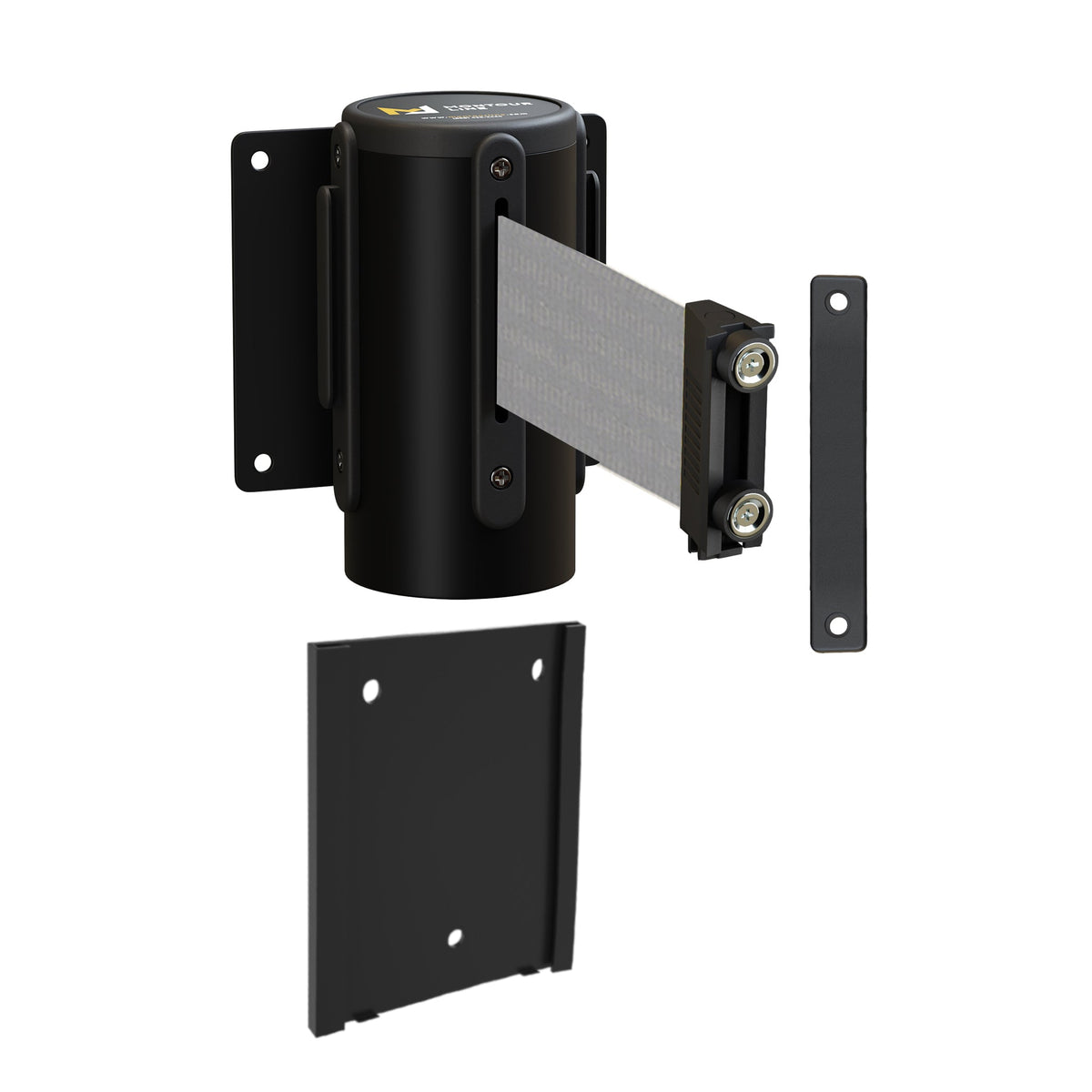 Wall Mounted Retractable Belt Barrier with Removable Plate, Black Steel Metal Case with Magnetic Belt End, 13 ft Belt - Montour Line WM115 - Crowd Control Warehouse