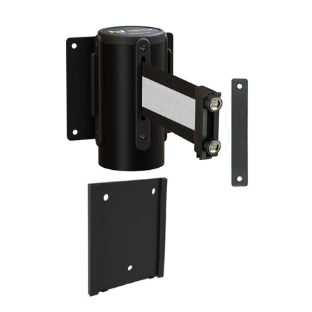 Wall Mounted Retractable Belt Barrier with Removable Plate, Black Steel Metal Case with Magnetic Belt End, 13 ft Belt - Montour Line WM115 - Crowd Control Warehouse