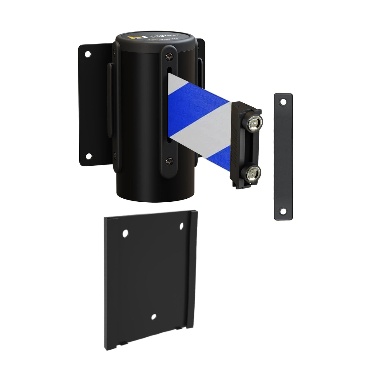 Wall Mounted Retractable Belt Barrier with Removable Plate, Black Steel Metal Case with Magnetic Belt End, 13 ft Belt - Montour Line WM115 - Crowd Control Warehouse