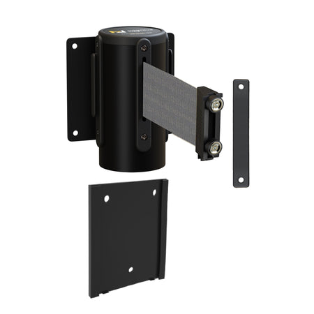 Wall Mounted Retractable Belt Barrier with Removable Plate, Black Steel Metal Case with Magnetic Belt End, 13 ft Belt - Montour Line WM115 - Crowd Control Warehouse
