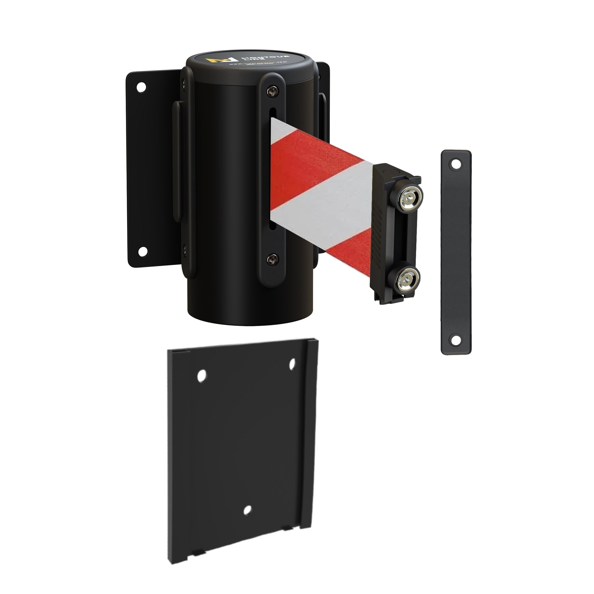 Wall Mounted Retractable Belt Barrier with Removable Plate, Black Steel Metal Case with Magnetic Belt End, 13 ft Belt - Montour Line WM115 - Crowd Control Warehouse