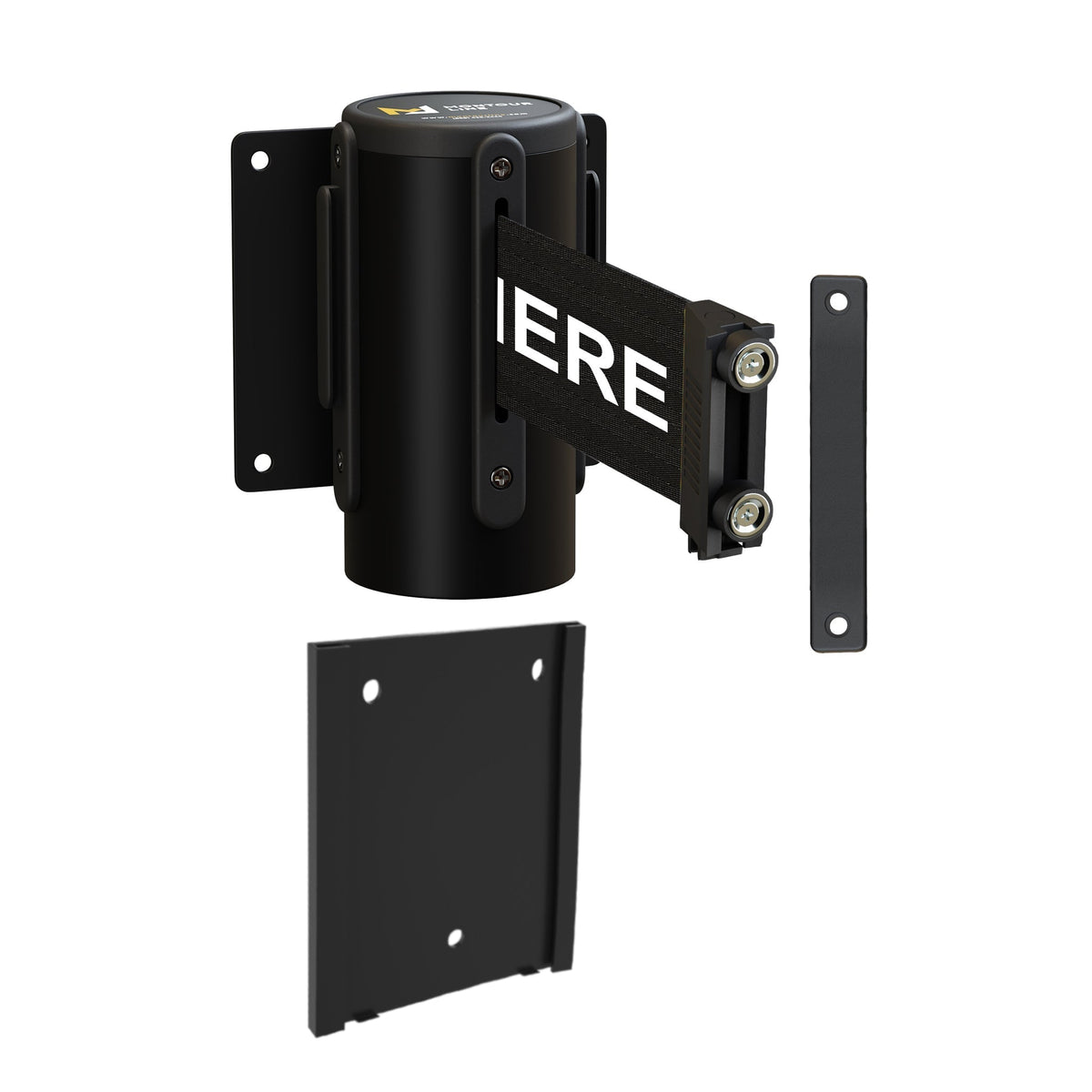 Wall Mounted Retractable Belt Barrier with Removable Plate, Black Steel Metal Case with Magnetic Belt End, 13 ft Belt - Montour Line WM115 - Crowd Control Warehouse