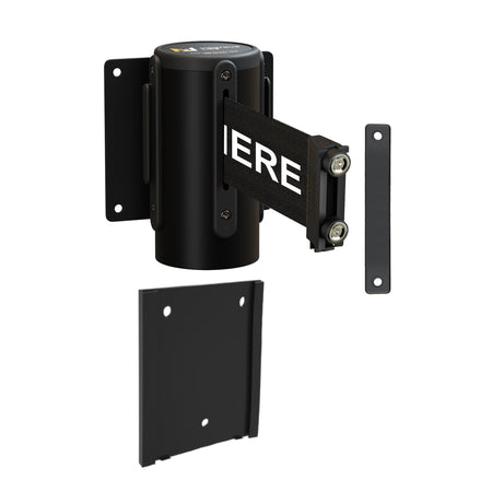 Wall Mounted Retractable Belt Barrier with Removable Plate, Black Steel Metal Case with Magnetic Belt End, 13 ft Belt - Montour Line WM115 - Crowd Control Warehouse