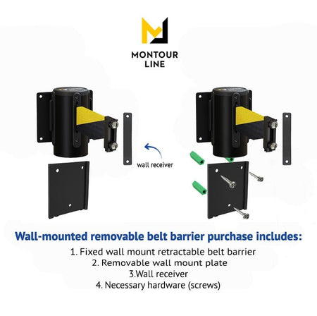 Wall Mounted Retractable Belt Barrier with Removable Plate, Black Steel Metal Case with Magnetic Belt End, 13 ft Belt - Montour Line WM115 - Crowd Control Warehouse