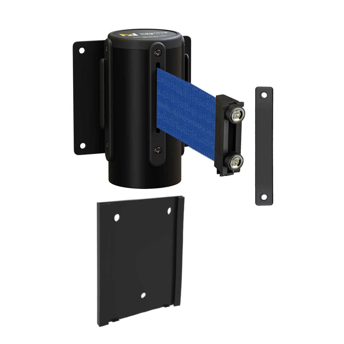 Wall Mounted Retractable Belt Barrier with Removable Plate, Black Steel Metal Case with Magnetic Belt End, 8.5 ft Belt - Montour Line WM115 - Crowd Control Warehouse