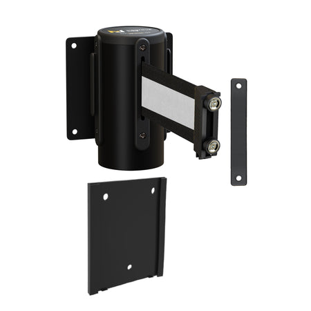Wall Mounted Retractable Belt Barrier with Removable Plate, Black Steel Metal Case with Magnetic Belt End, 8.5 ft Belt - Montour Line WM115 - Crowd Control Warehouse