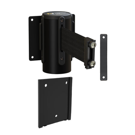 Wall Mounted Retractable Belt Barrier with Removable Plate, Black Steel Metal Case with Magnetic Belt End, 8.5 ft Belt - Montour Line WM115 - Crowd Control Warehouse