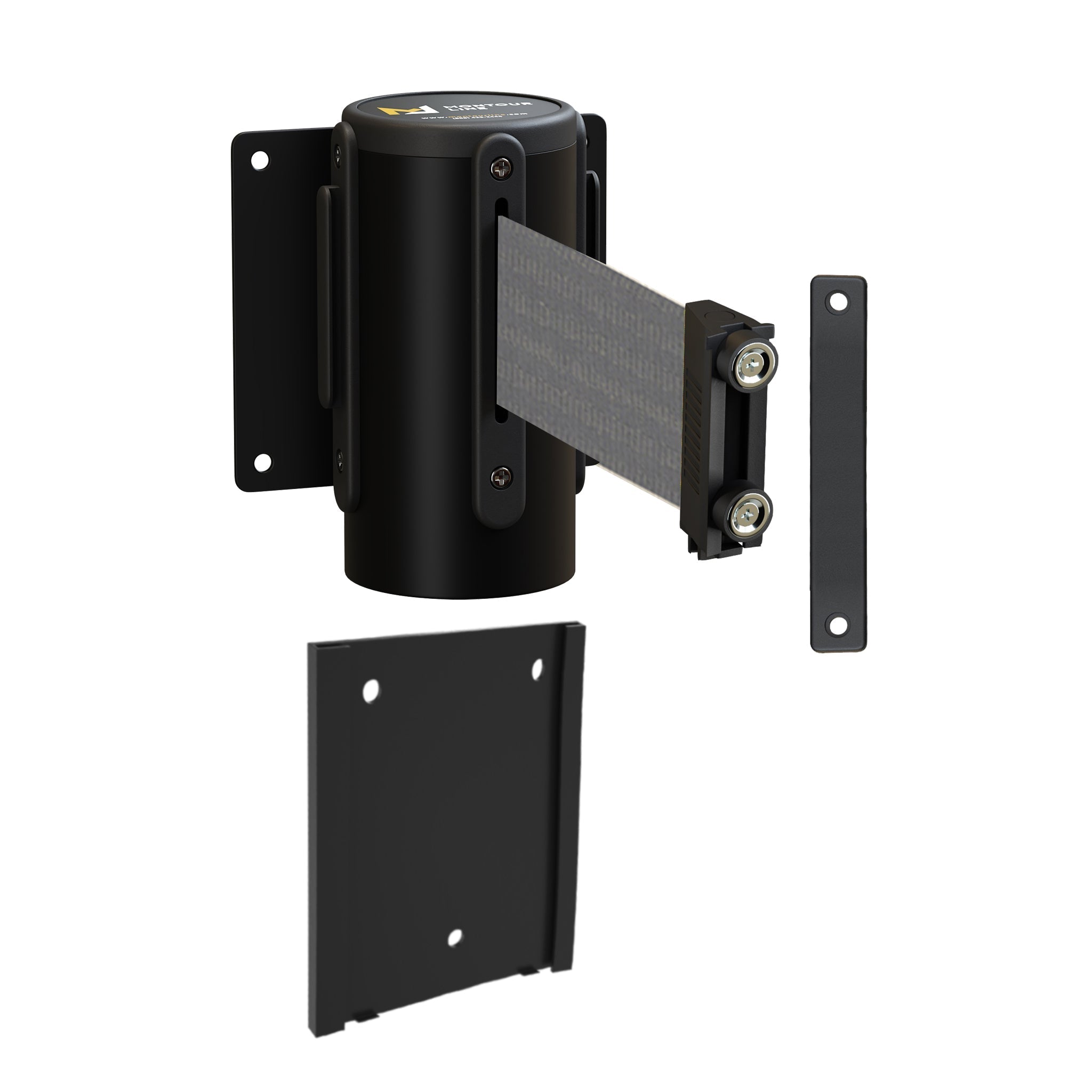 Wall Mounted Retractable Belt Barrier with Removable Plate, Black Steel Metal Case with Magnetic Belt End, 8.5 ft Belt - Montour Line WM115 - Crowd Control Warehouse