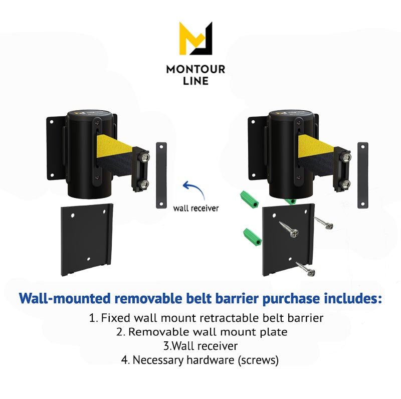 Wall Mounted Retractable Belt Barrier with Removable Plate, Black Steel Metal Case with Magnetic Belt End, 8.5 ft Belt - Montour Line WM115 - Crowd Control Warehouse