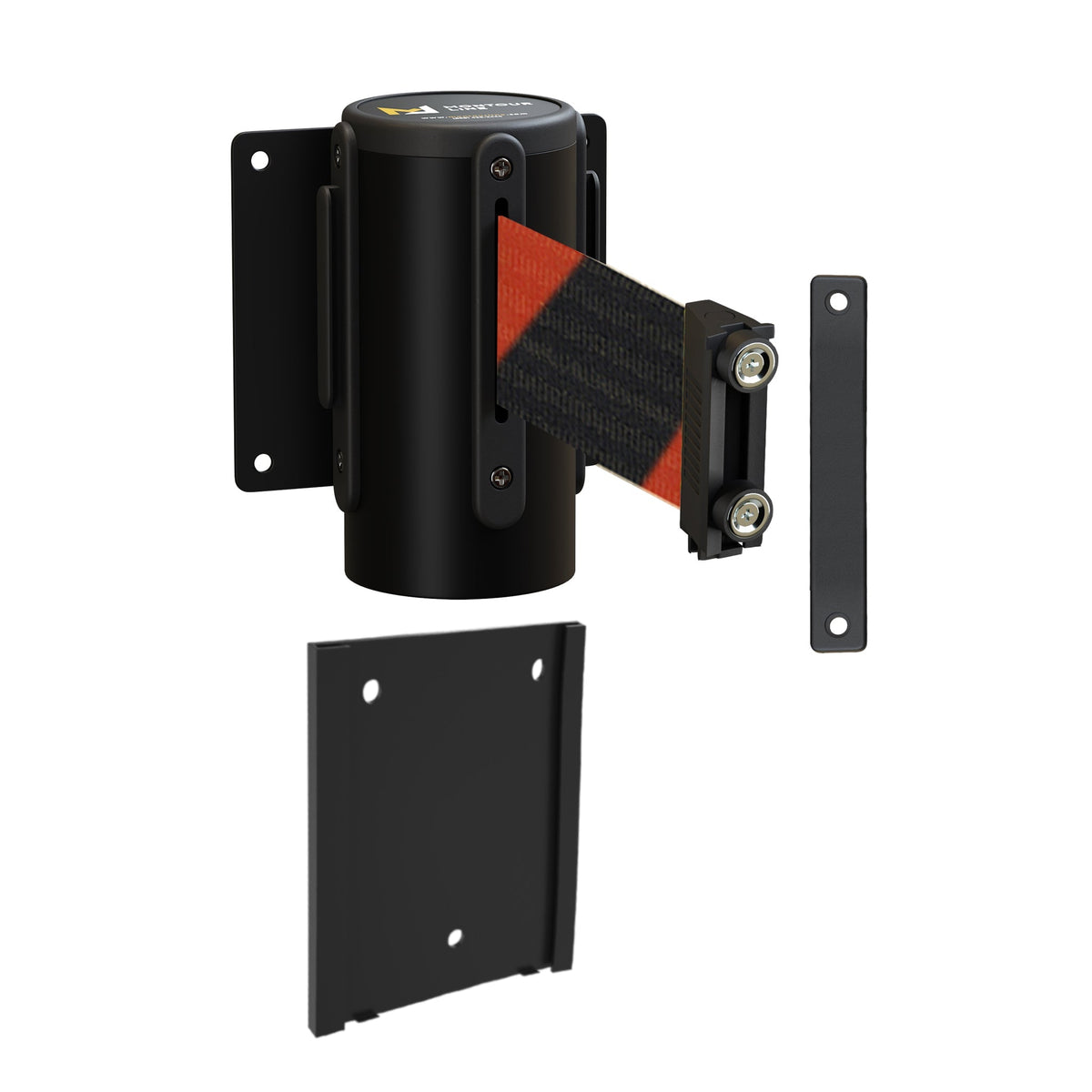 Wall Mounted Retractable Belt Barrier with Removable Plate, Black Steel Metal Case with Magnetic Belt End, 8.5 ft Belt - Montour Line WM115 - Crowd Control Warehouse