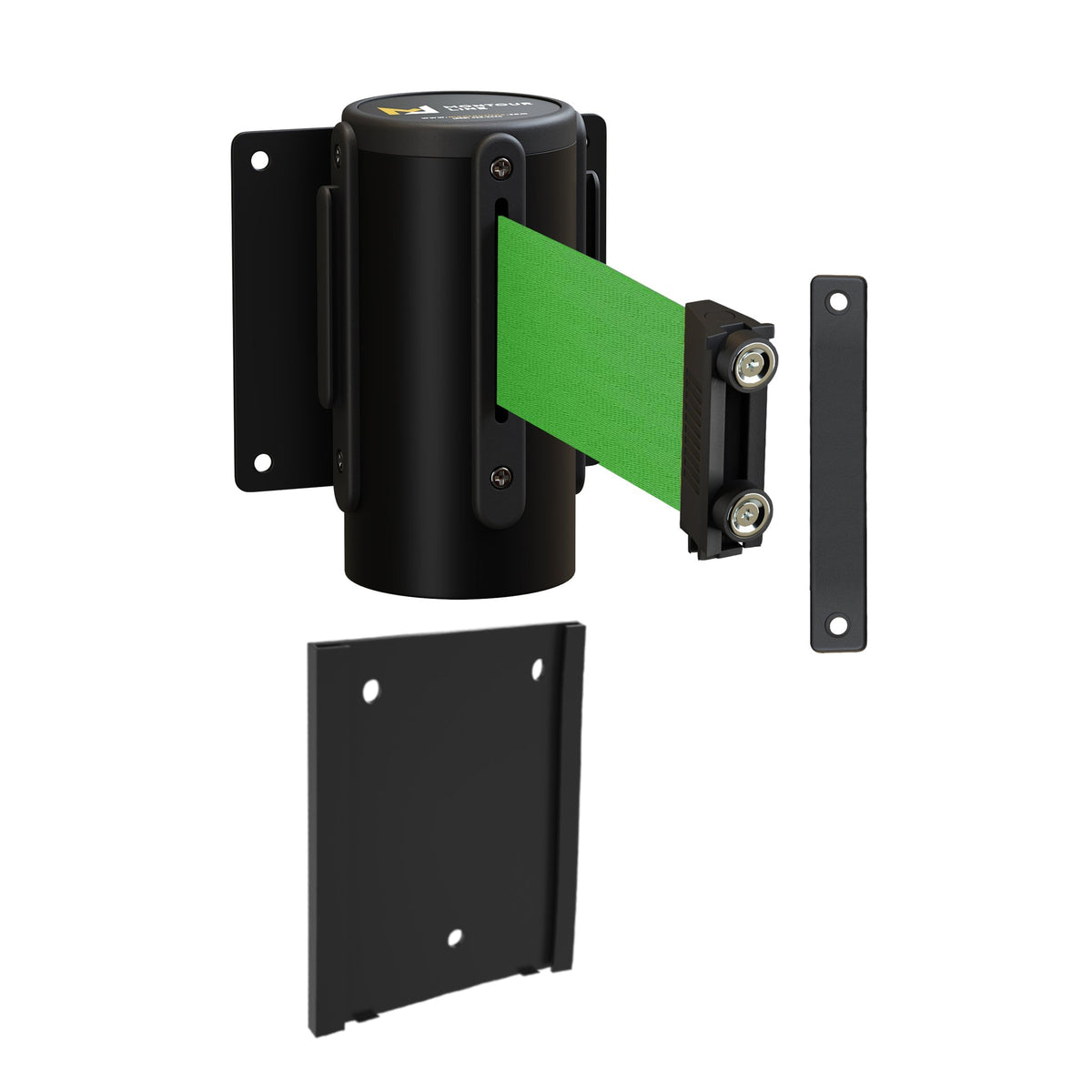 Wall Mounted Retractable Belt Barrier with Removable Plate, Black Steel Metal Case with Magnetic Belt End, 8.5 ft Belt - Montour Line WM115 - Crowd Control Warehouse