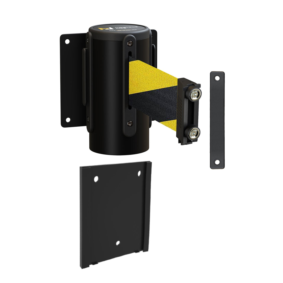 Wall Mounted Retractable Belt Barrier with Removable Plate, Black Steel Metal Case with Magnetic Belt End, 8.5 ft Belt - Montour Line WM115 - Crowd Control Warehouse