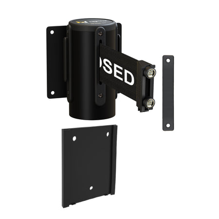 Wall Mounted Retractable Belt Barrier with Removable Plate, Black Steel Metal Case with Magnetic Belt End, 8.5 ft Belt - Montour Line WM115 - Crowd Control Warehouse