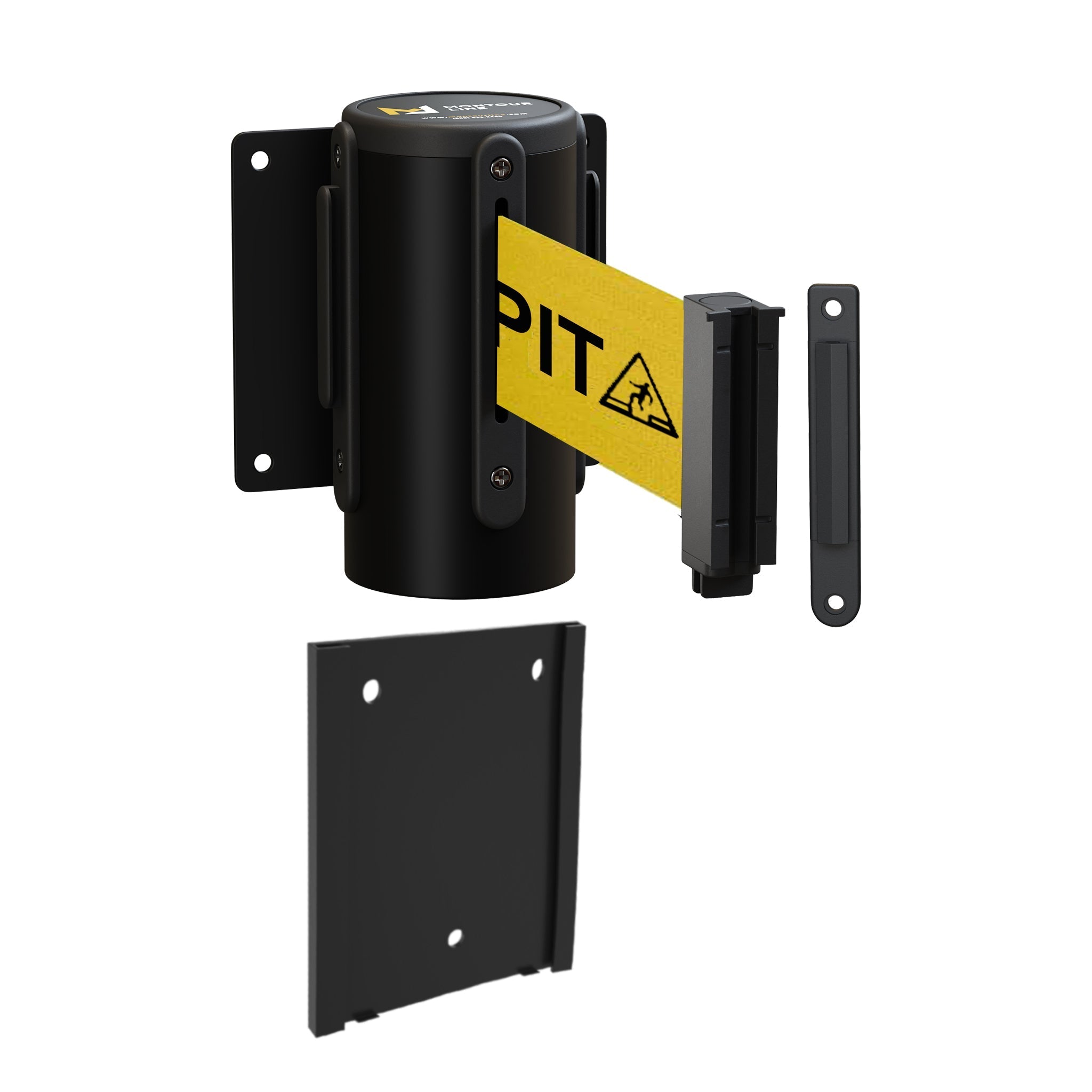 Wall Mounted Retractable Belt Barrier with Removable Plate, Black Steel Metal Case with Standard Belt End, 11 ft Belt - Montour Line WM115 - Crowd Control Warehouse