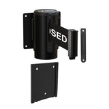 Wall Mounted Retractable Belt Barrier with Removable Plate, Black Steel Metal Case with Standard Belt End, 11 ft Belt - Montour Line WM115 - Crowd Control Warehouse