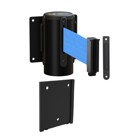 Wall Mounted Retractable Belt Barrier with Removable Plate, Black Steel Metal Case with Standard Belt End, 11 ft Belt - Montour Line WM115 - Crowd Control Warehouse