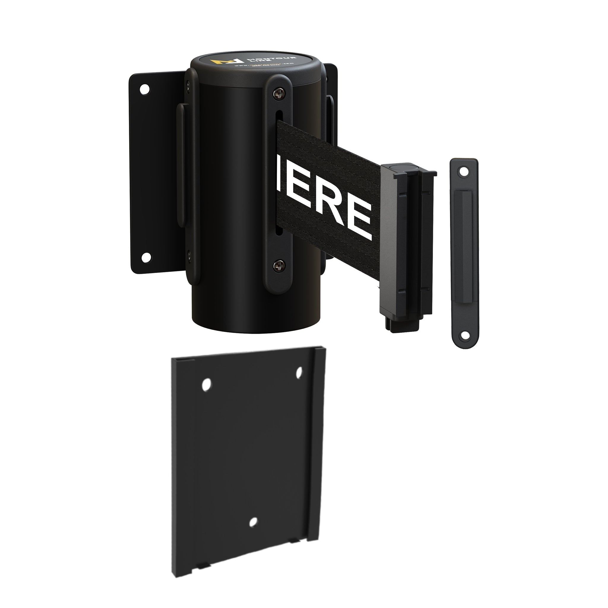 Wall Mounted Retractable Belt Barrier with Removable Plate, Black Steel Metal Case with Standard Belt End, 11 ft Belt - Montour Line WM115 - Crowd Control Warehouse