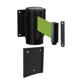 Wall Mounted Retractable Belt Barrier with Removable Plate, Black Steel Metal Case with Standard Belt End, 11 ft Belt - Montour Line WM115 - Crowd Control Warehouse