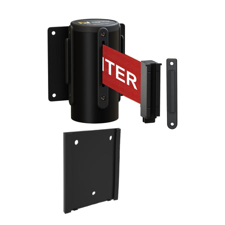 Wall Mounted Retractable Belt Barrier with Removable Plate, Black Steel Metal Case with Standard Belt End, 11 ft Belt - Montour Line WM115 - Crowd Control Warehouse