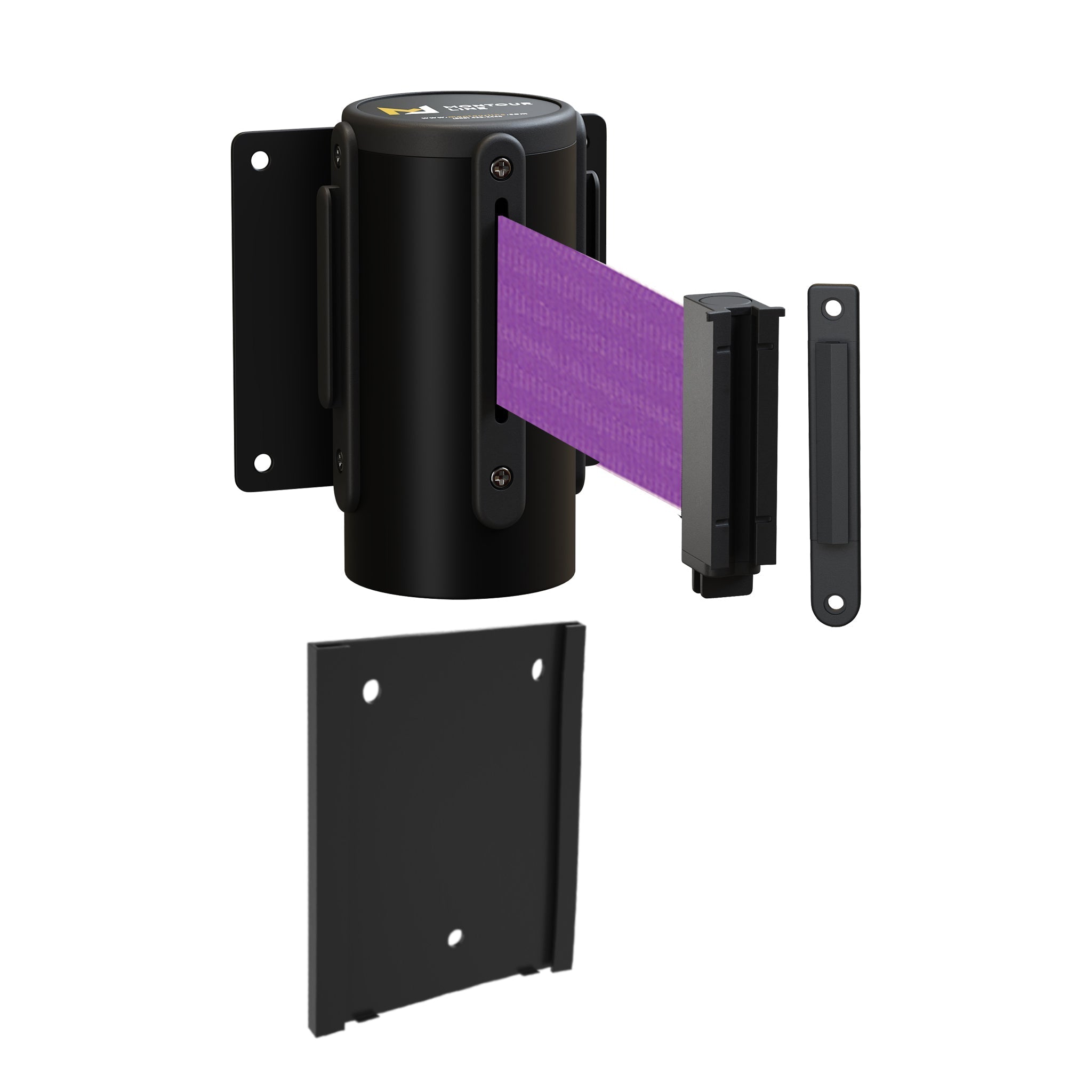 Wall Mounted Retractable Belt Barrier with Removable Plate, Black Steel Metal Case with Standard Belt End, 11 ft Belt - Montour Line WM115 - Crowd Control Warehouse