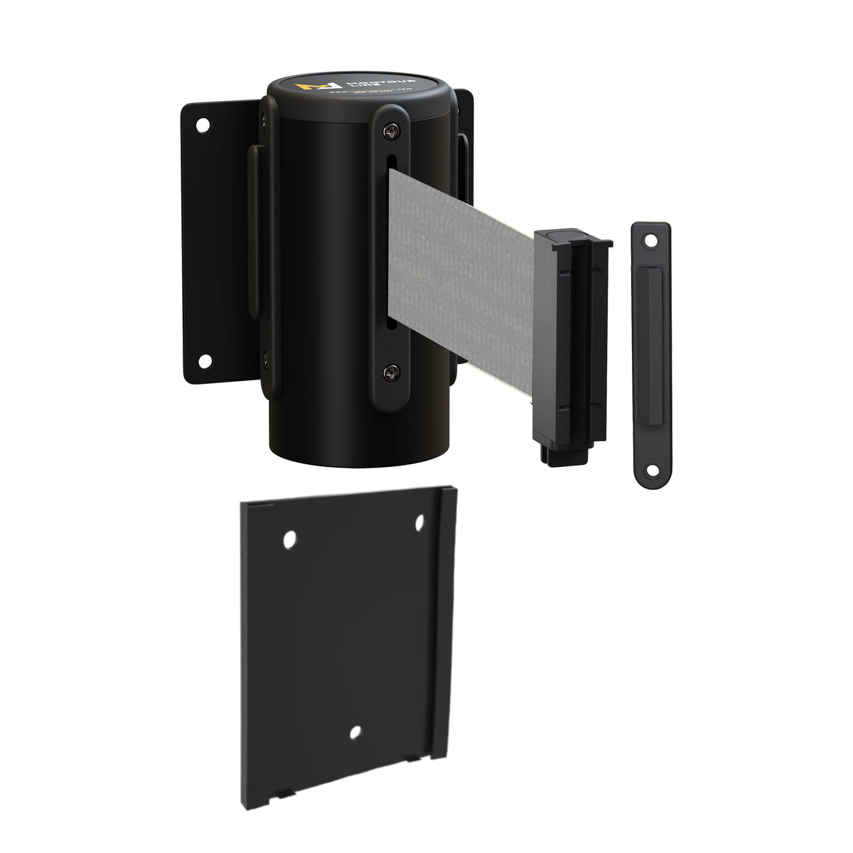 Wall Mounted Retractable Belt Barrier with Removable Plate, Black Steel Metal Case with Standard Belt End, 11 ft Belt - Montour Line WM115 - Crowd Control Warehouse