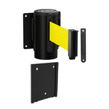 Wall Mounted Retractable Belt Barrier with Removable Plate, Black Steel Metal Case with Standard Belt End, 11 ft Belt - Montour Line WM115 - Crowd Control Warehouse