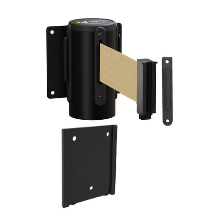 Wall Mounted Retractable Belt Barrier with Removable Plate, Black Steel Metal Case with Standard Belt End, 11 ft Belt - Montour Line WM115 - Crowd Control Warehouse