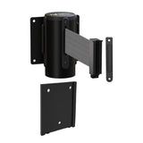 Wall Mounted Retractable Belt Barrier with Removable Plate, Black Steel Metal Case with Standard Belt End, 11 ft Belt - Montour Line WM115 - Crowd Control Warehouse