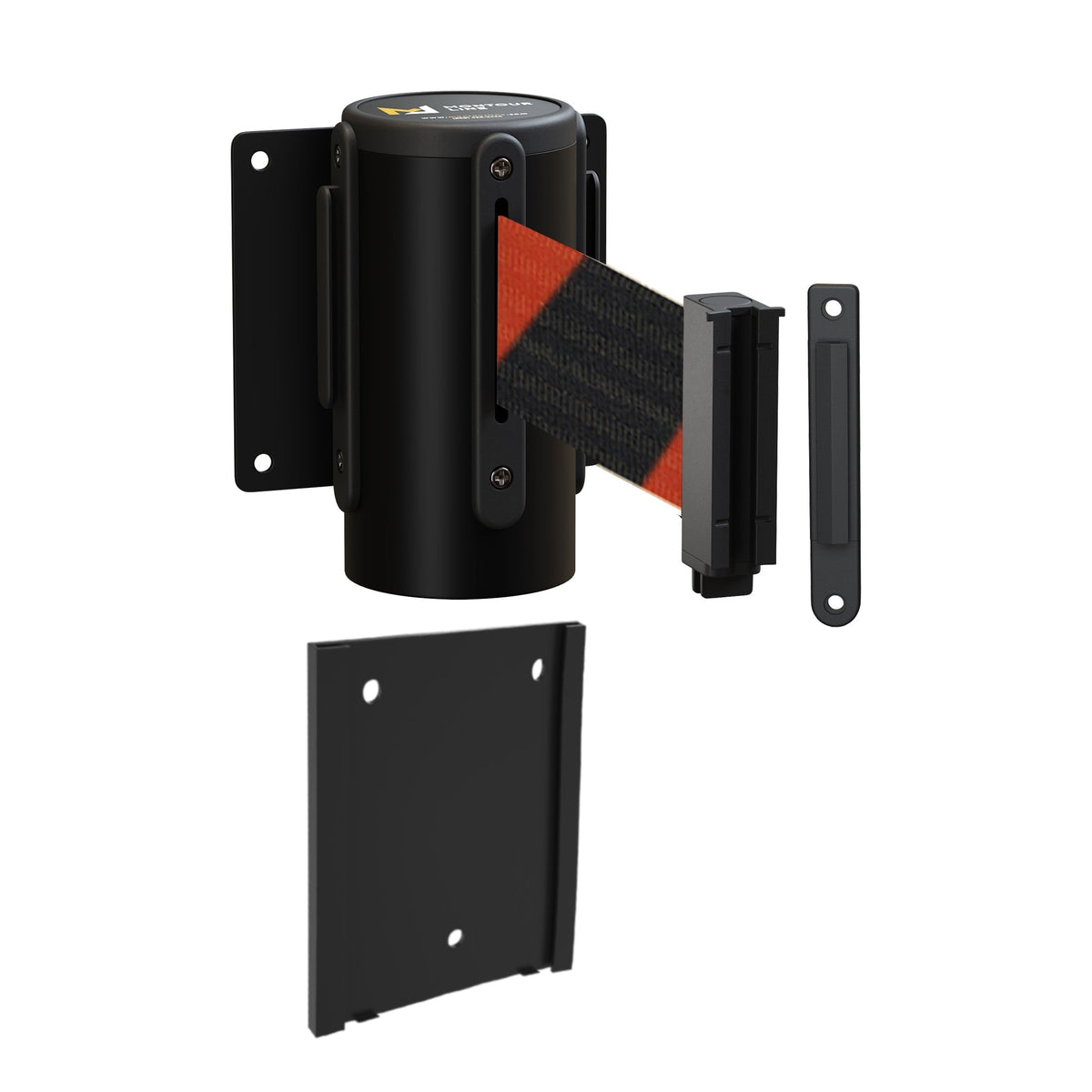 Wall Mounted Retractable Belt Barrier with Removable Plate, Black Steel Metal Case with Standard Belt End, 11 ft Belt - Montour Line WM115 - Crowd Control Warehouse