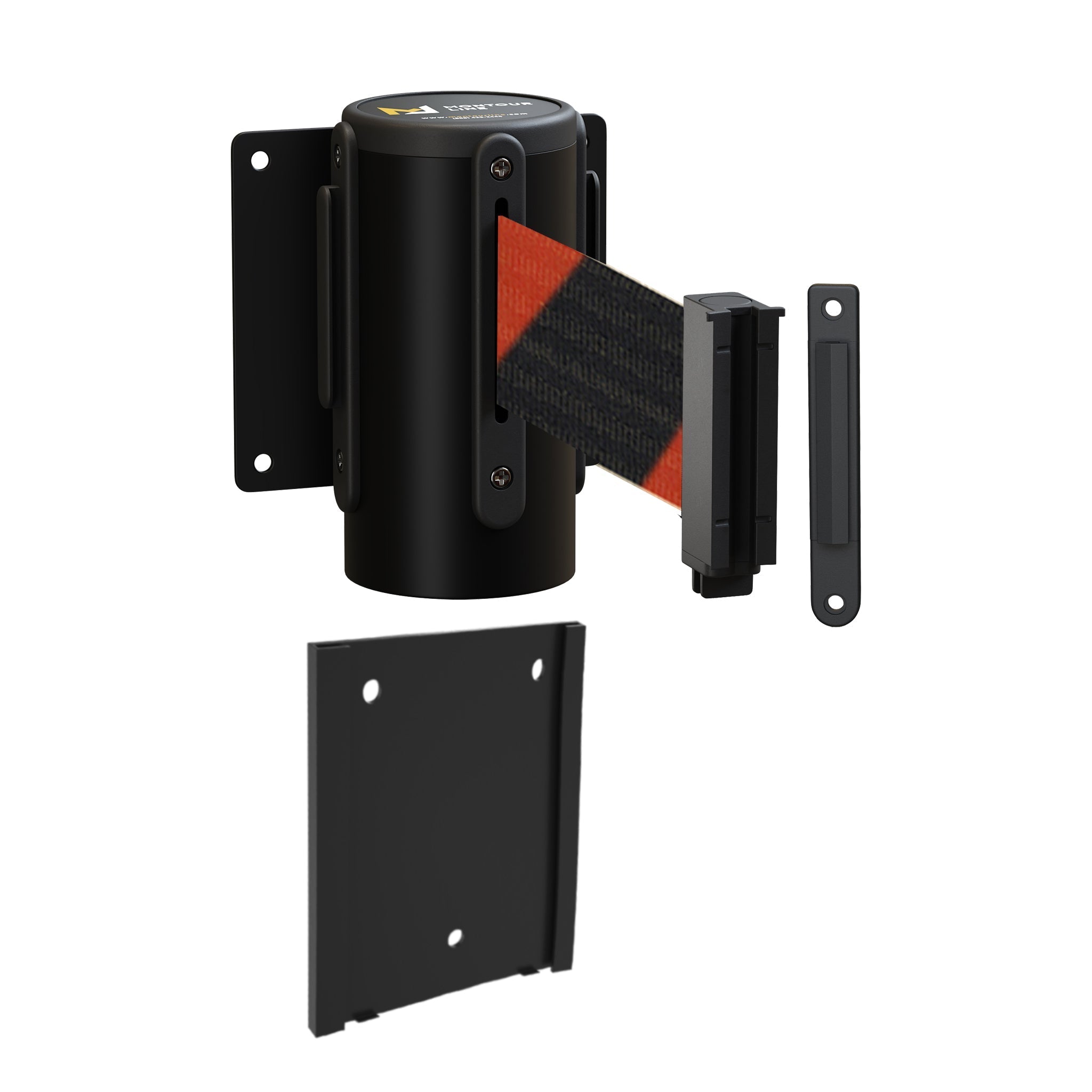 Wall Mounted Retractable Belt Barrier with Removable Plate, Black Steel Metal Case with Standard Belt End, 11 ft Belt - Montour Line WM115 - Crowd Control Warehouse