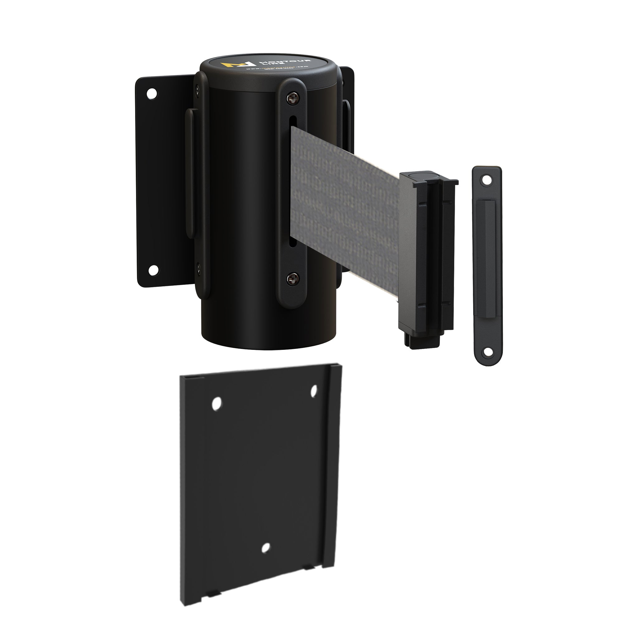 Wall Mounted Retractable Belt Barrier with Removable Plate, Black Steel Metal Case with Standard Belt End, 13 ft Belt - Montour Line WM115 - Crowd Control Warehouse