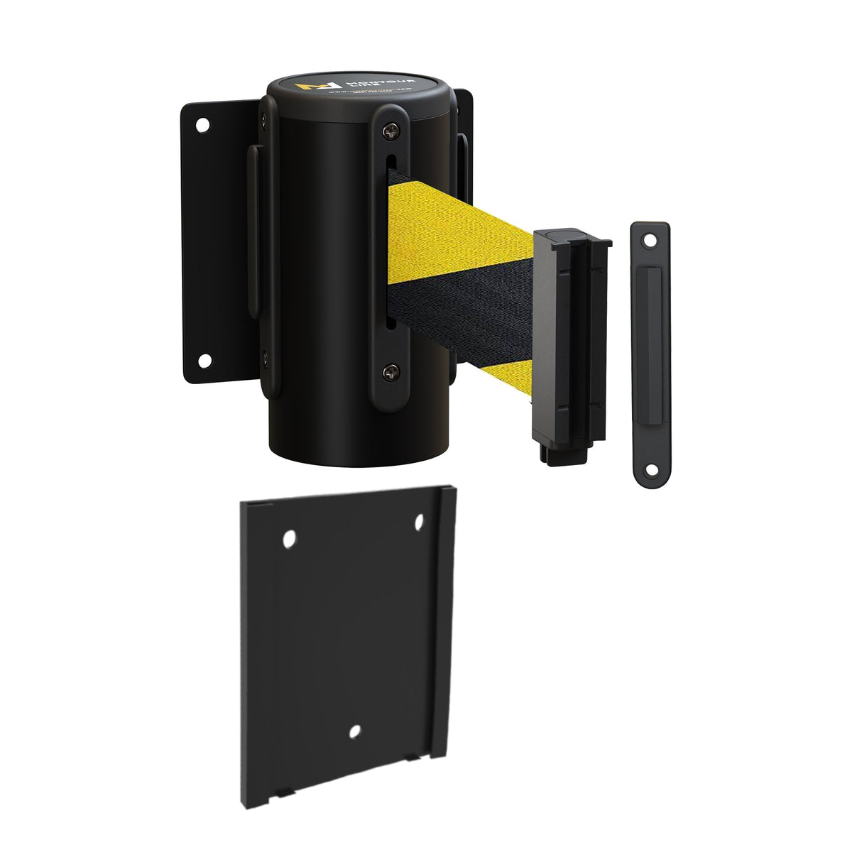 Wall Mounted Retractable Belt Barrier with Removable Plate, Black Steel Metal Case with Standard Belt End, 13 ft Belt - Montour Line WM115 - Crowd Control Warehouse