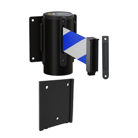 Wall Mounted Retractable Belt Barrier with Removable Plate, Black Steel Metal Case with Standard Belt End, 13 ft Belt - Montour Line WM115 - Crowd Control Warehouse