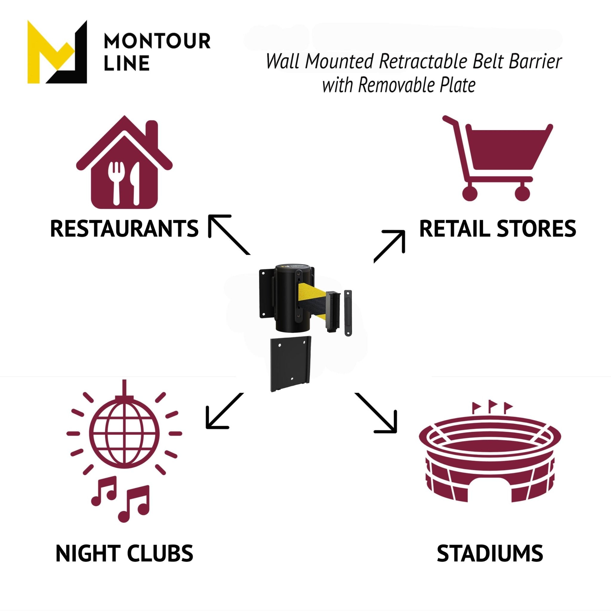 Wall Mounted Retractable Belt Barrier with Removable Plate, Black Steel Metal Case with Standard Belt End, 13 ft Belt - Montour Line WM115 - Crowd Control Warehouse