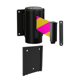 Wall Mounted Retractable Belt Barrier with Removable Plate, Black Steel Metal Case with Standard Belt End, 13 ft Belt - Montour Line WM115 - Crowd Control Warehouse