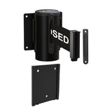 Wall Mounted Retractable Belt Barrier with Removable Plate, Black Steel Metal Case with Standard Belt End, 13 ft Belt - Montour Line WM115 - Crowd Control Warehouse