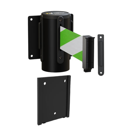 Wall Mounted Retractable Belt Barrier with Removable Plate, Black Steel Metal Case with Standard Belt End, 13 ft Belt - Montour Line WM115 - Crowd Control Warehouse