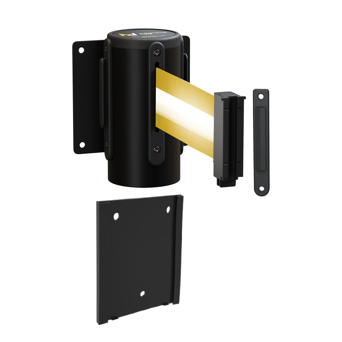 Wall Mounted Retractable Belt Barrier with Removable Plate, Black Steel Metal Case with Standard Belt End, 13 ft Belt - Montour Line WM115 - Crowd Control Warehouse