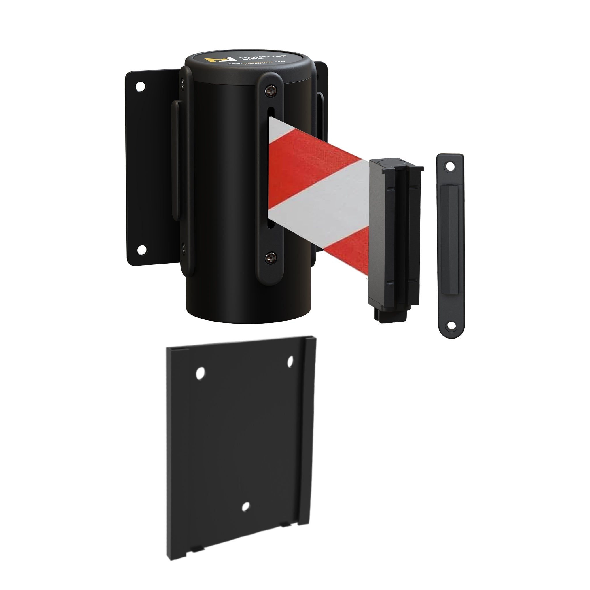 Wall Mounted Retractable Belt Barrier with Removable Plate, Black Steel Metal Case with Standard Belt End, 13 ft Belt - Montour Line WM115 - Crowd Control Warehouse