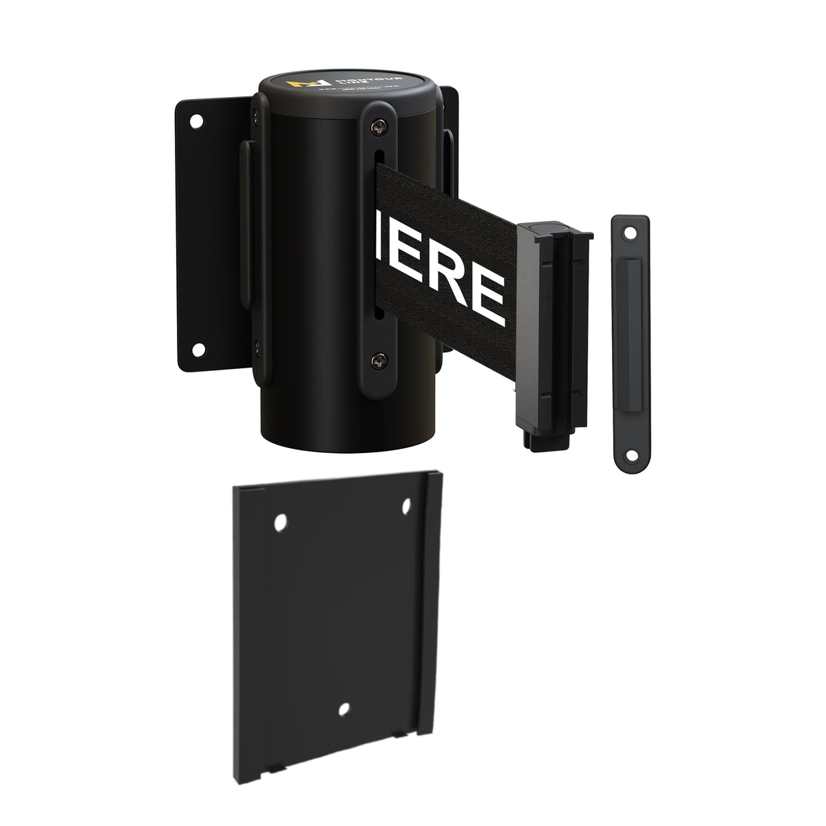 Wall Mounted Retractable Belt Barrier with Removable Plate, Black Steel Metal Case with Standard Belt End, 8.5 ft Belt - Montour Line WM115 - Crowd Control Warehouse