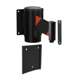 Wall Mounted Retractable Belt Barrier with Removable Plate, Black Steel Metal Case with Standard Belt End, 8.5 ft Belt - Montour Line WM115 - Crowd Control Warehouse