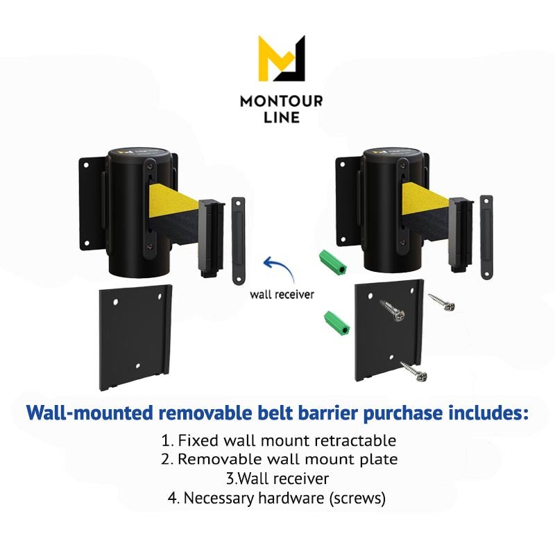 Wall Mounted Retractable Belt Barrier with Removable Plate, Black Steel Metal Case with Standard Belt End, 8.5 ft Belt - Montour Line WM115 - Crowd Control Warehouse