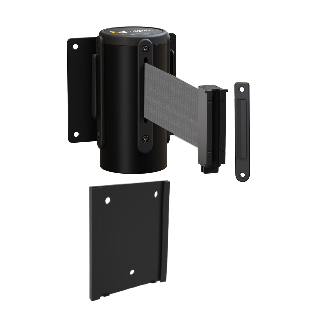 Wall Mounted Retractable Belt Barrier with Removable Plate, Black Steel Metal Case with Standard Belt End, 8.5 ft Belt - Montour Line WM115 - Crowd Control Warehouse