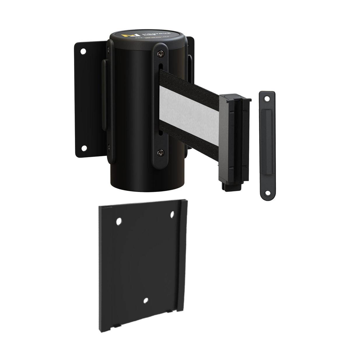 Wall Mounted Retractable Belt Barrier with Removable Plate, Black Steel Metal Case with Standard Belt End, 8.5 ft Belt - Montour Line WM115 - Crowd Control Warehouse