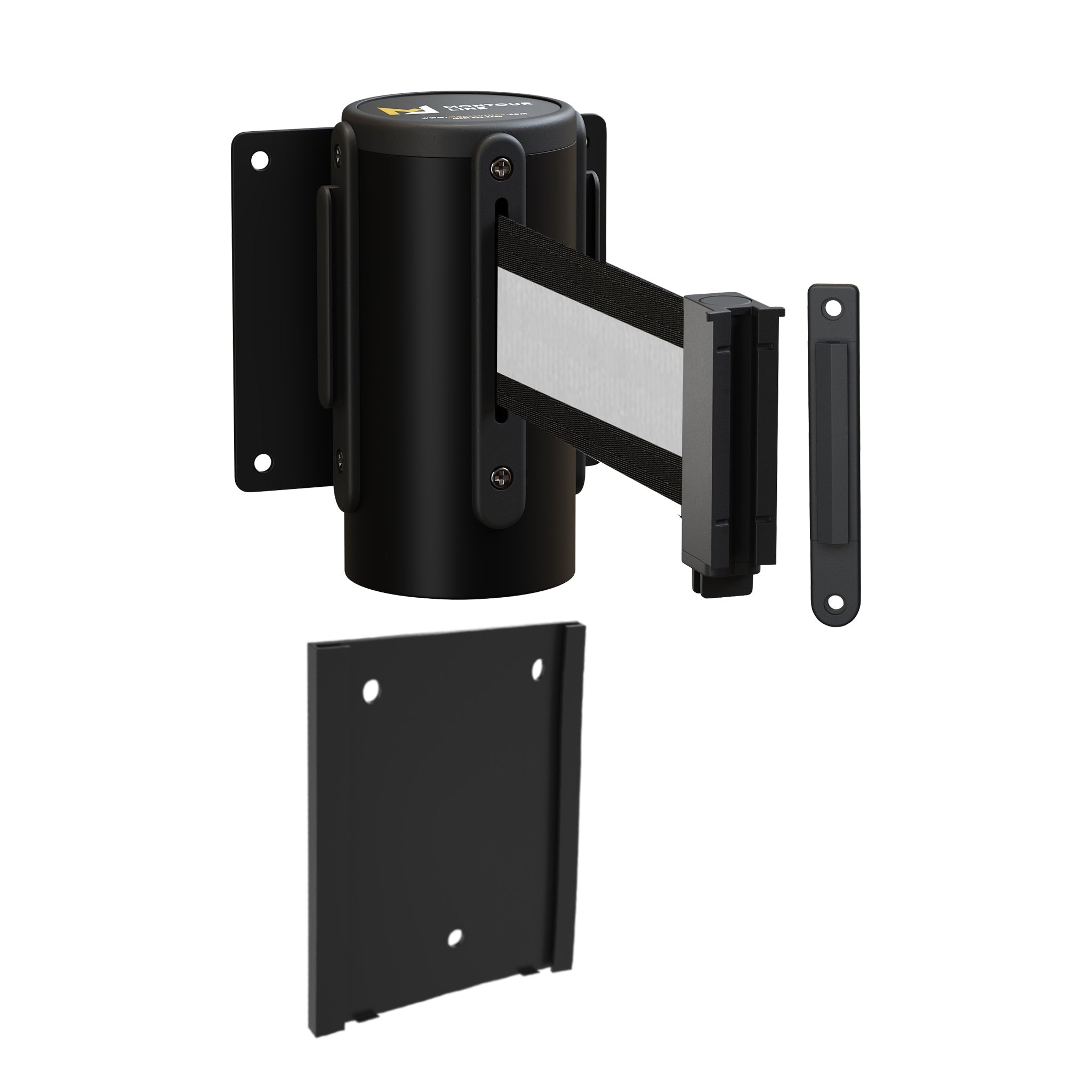 Wall Mounted Retractable Belt Barrier with Removable Plate, Black Steel Metal Case with Standard Belt End, 8.5 ft Belt - Montour Line WM115 - Crowd Control Warehouse