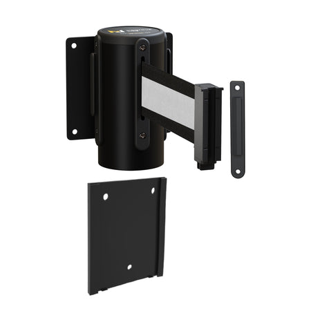 Wall Mounted Retractable Belt Barrier with Removable Plate, Black Steel Metal Case with Standard Belt End, 8.5 ft Belt - Montour Line WM115 - Crowd Control Warehouse