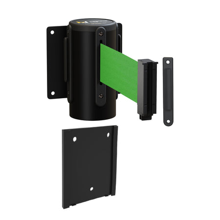 Wall Mounted Retractable Belt Barrier with Removable Plate, Black Steel Metal Case with Standard Belt End, 8.5 ft Belt - Montour Line WM115 - Crowd Control Warehouse