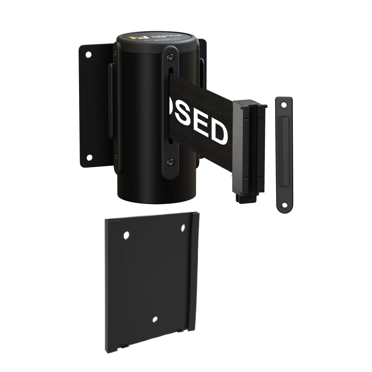 Wall Mounted Retractable Belt Barrier with Removable Plate, Black Steel Metal Case with Standard Belt End, 8.5 ft Belt - Montour Line WM115 - Crowd Control Warehouse