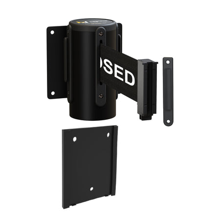 Wall Mounted Retractable Belt Barrier with Removable Plate, Black Steel Metal Case with Standard Belt End, 8.5 ft Belt - Montour Line WM115 - Crowd Control Warehouse