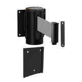 Wall Mounted Retractable Belt Barrier with Removable Plate, Black Steel Metal Case with Standard Belt End, 8.5 ft Belt - Montour Line WM115 - Crowd Control Warehouse